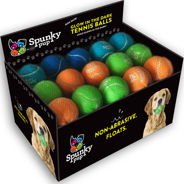 Spunky Pup Tennis Balls w/ Glow Logo Display 15 ct Pan Pacific Pet